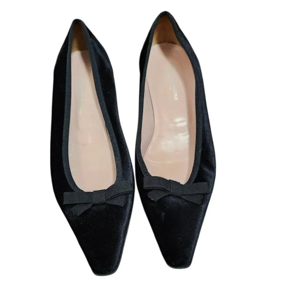 Fabio Rusconi Black Velvet Bow Ballet Flats Pointed Toe Low Heel Italy EU 38